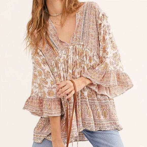 Free People Bohemian Floral Print Women's Oversized Tunic Top with Pockets - Picture 10 of 12